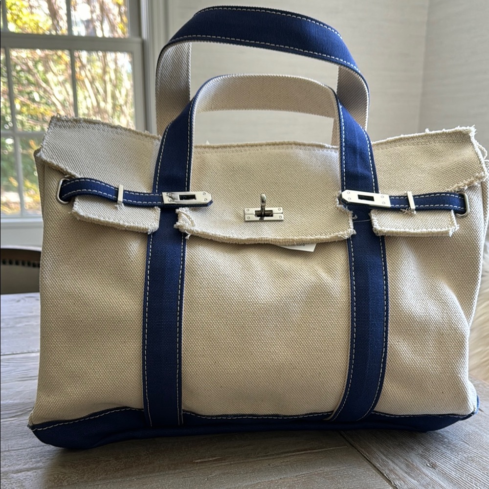 “The Boatkin” Canvas Tote Bag with Navy Trim